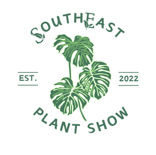 Circular badge logo for South East Plant Show featuring a detailed Monstera leaf illustration and arched typography.