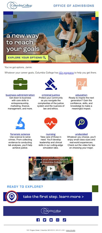 Copywriting for a warming email in an enrollment marketing campaign for Columbia College