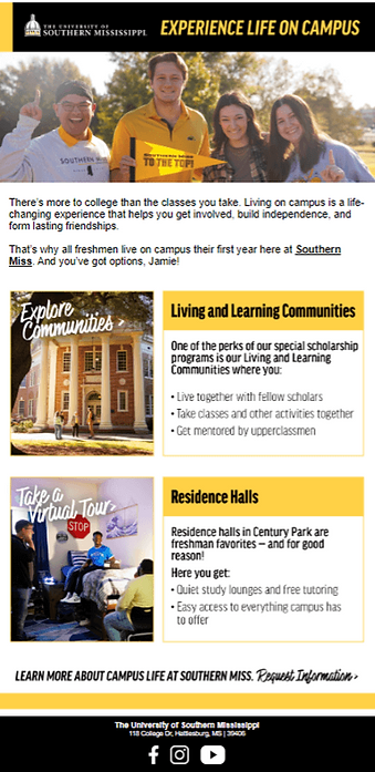 Copywriting for a higher education inquiry generation campaign email about campus housing