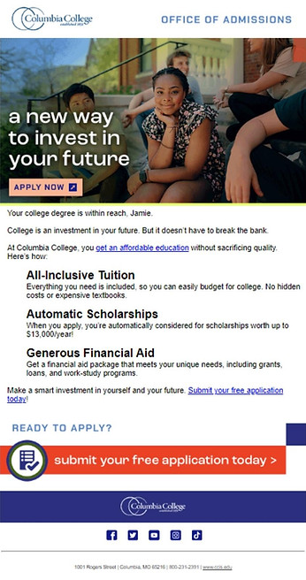 Copywriting for a core email in an enrollment marketing campaign for Columbia College