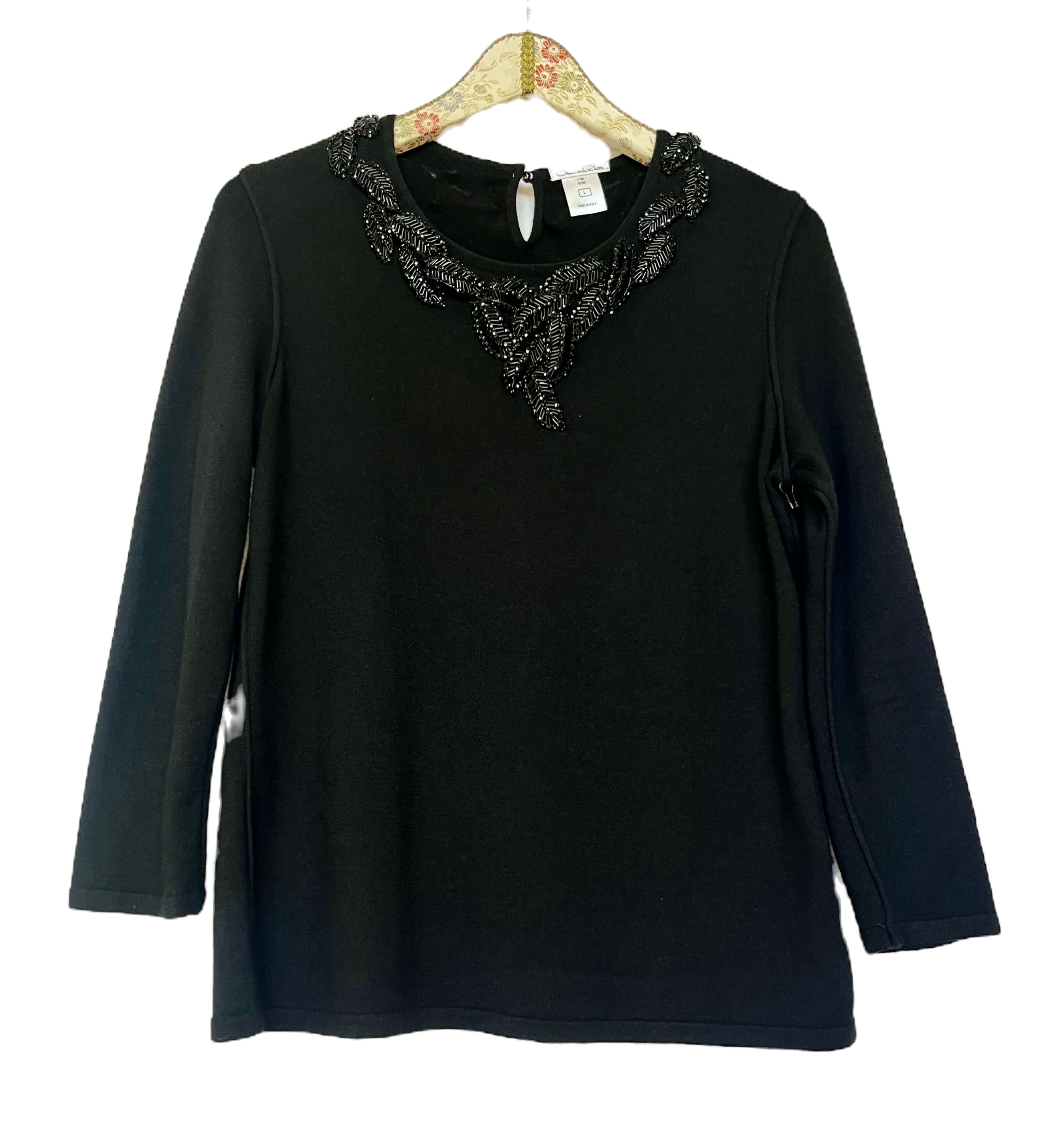 Oscar de la Renta Black Crystal Embellished Sweater, Size Large