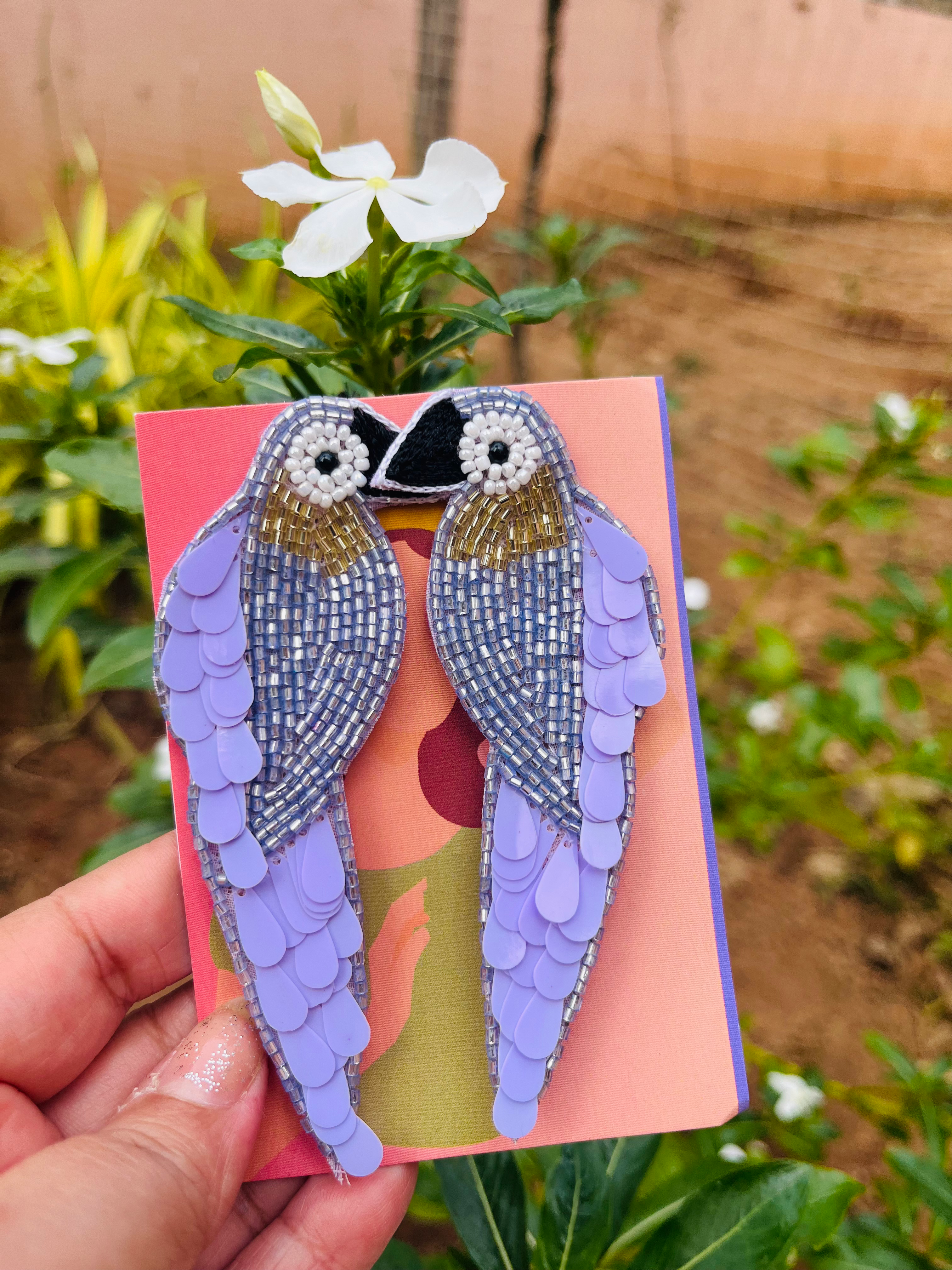 Parrot Handmade Embroidered Earrings- Lavender
