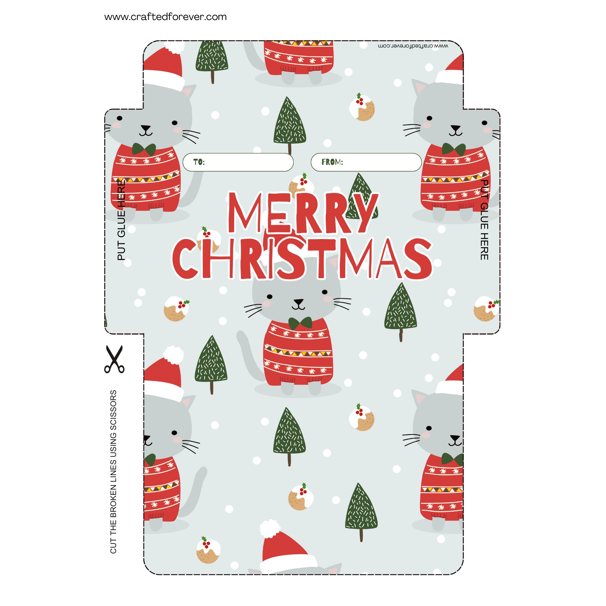 Red Cute Christmas Cat Pattern Ready To Cut Envelope- Digital Download