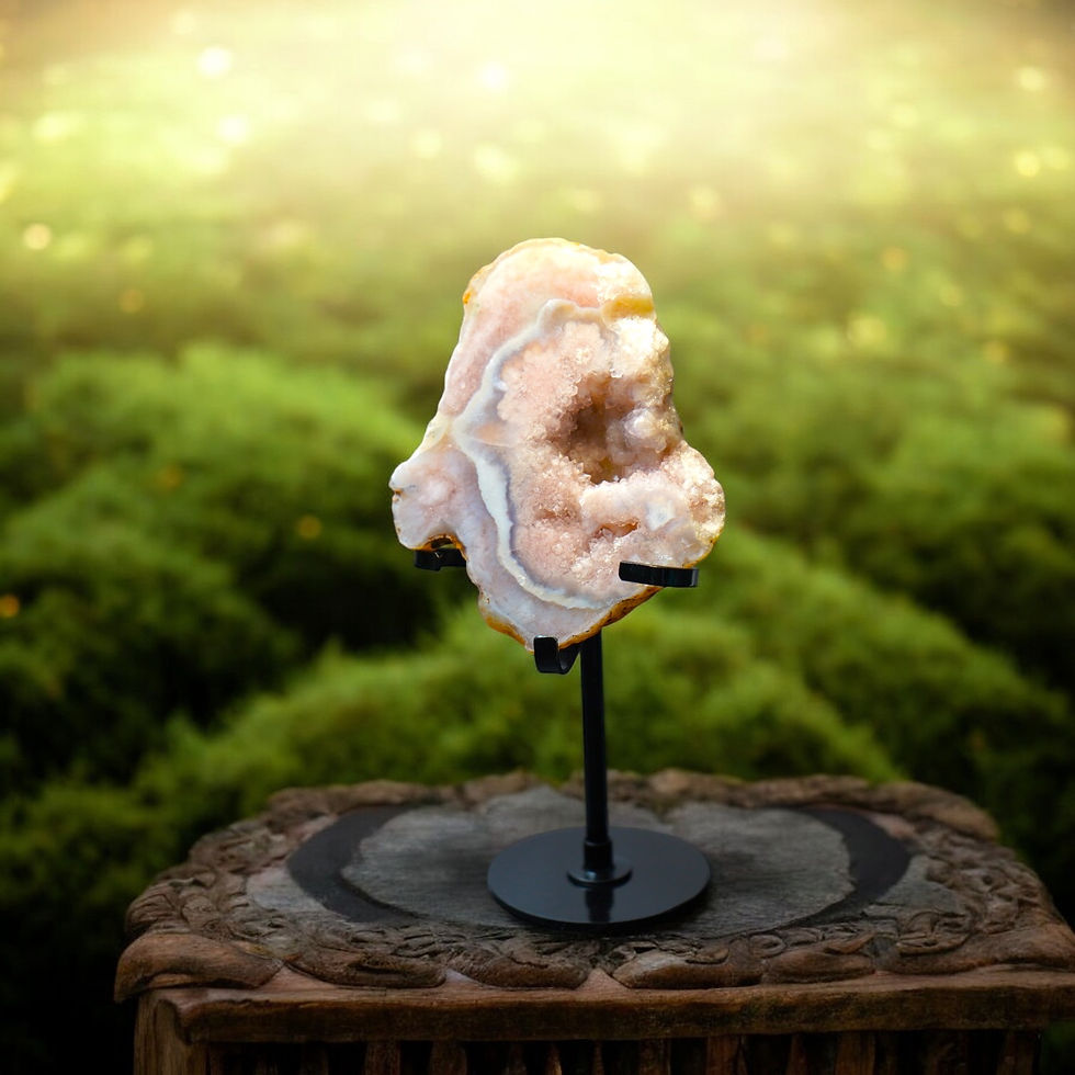 Pink Amethyst with Flower Agate on Stand with Druzy