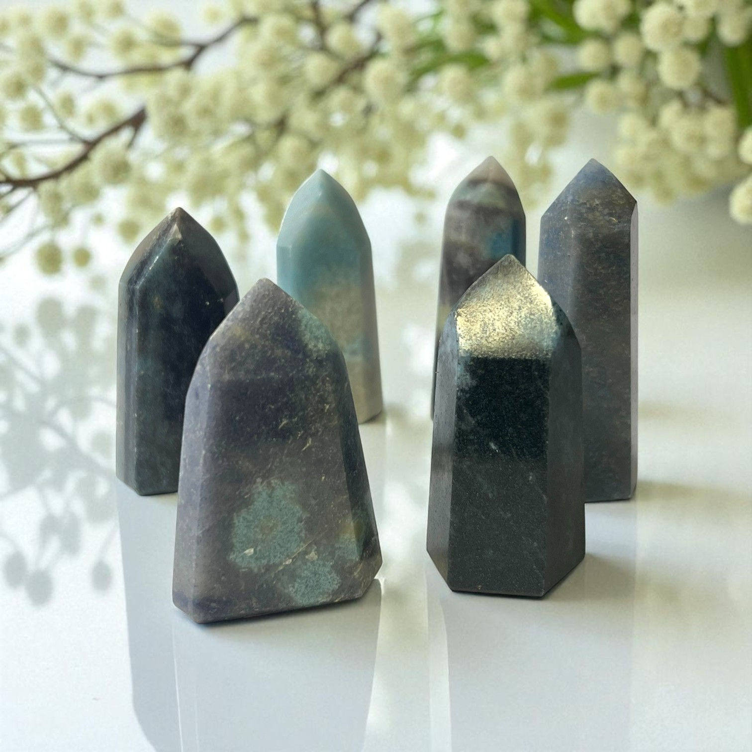 Hand-carved polished trolleite towers.