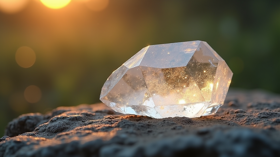 Close-up view of a sparkling ethically sourced quartz crystal on a natural surface