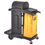 Thumbnail: Black janitorial cart with a yellow waste bag, sturdy design with multiple compartments for cleaning supplies.