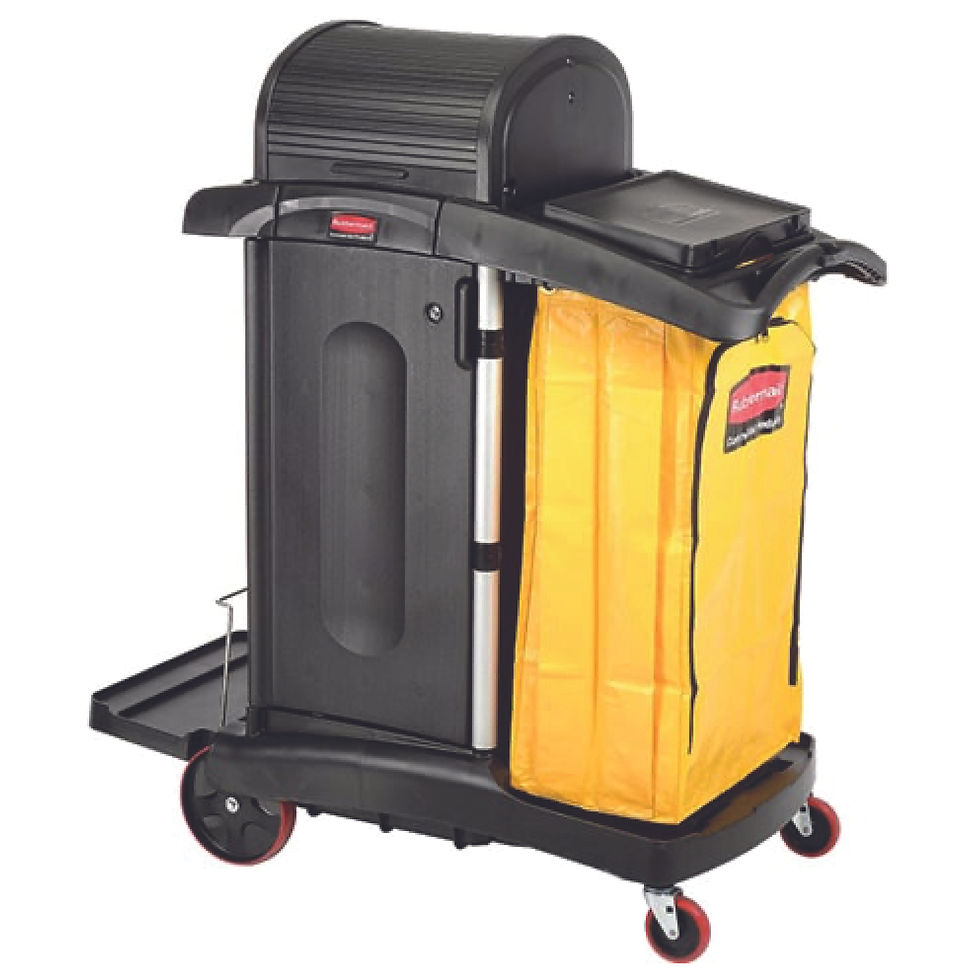 Black janitorial cart with a yellow waste bag, sturdy design with multiple compartments for cleaning supplies.