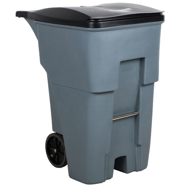Rubbermaid Brute 95-gallon gray wheeled container, heavy-duty design for large-scale waste management.