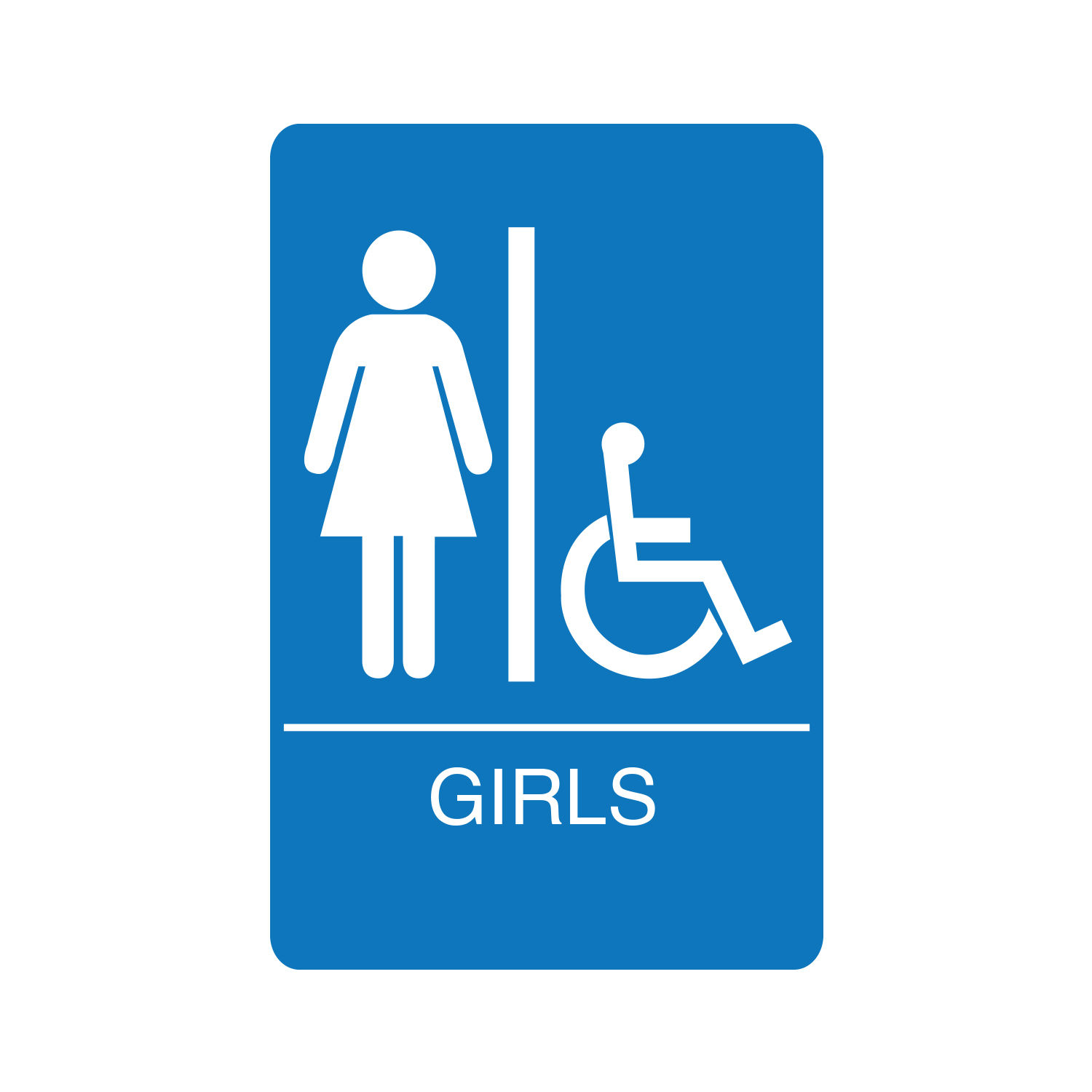 Blue and white girls' accessible ADA restroom sign featuring female and wheelchair symbols for restroom designation.