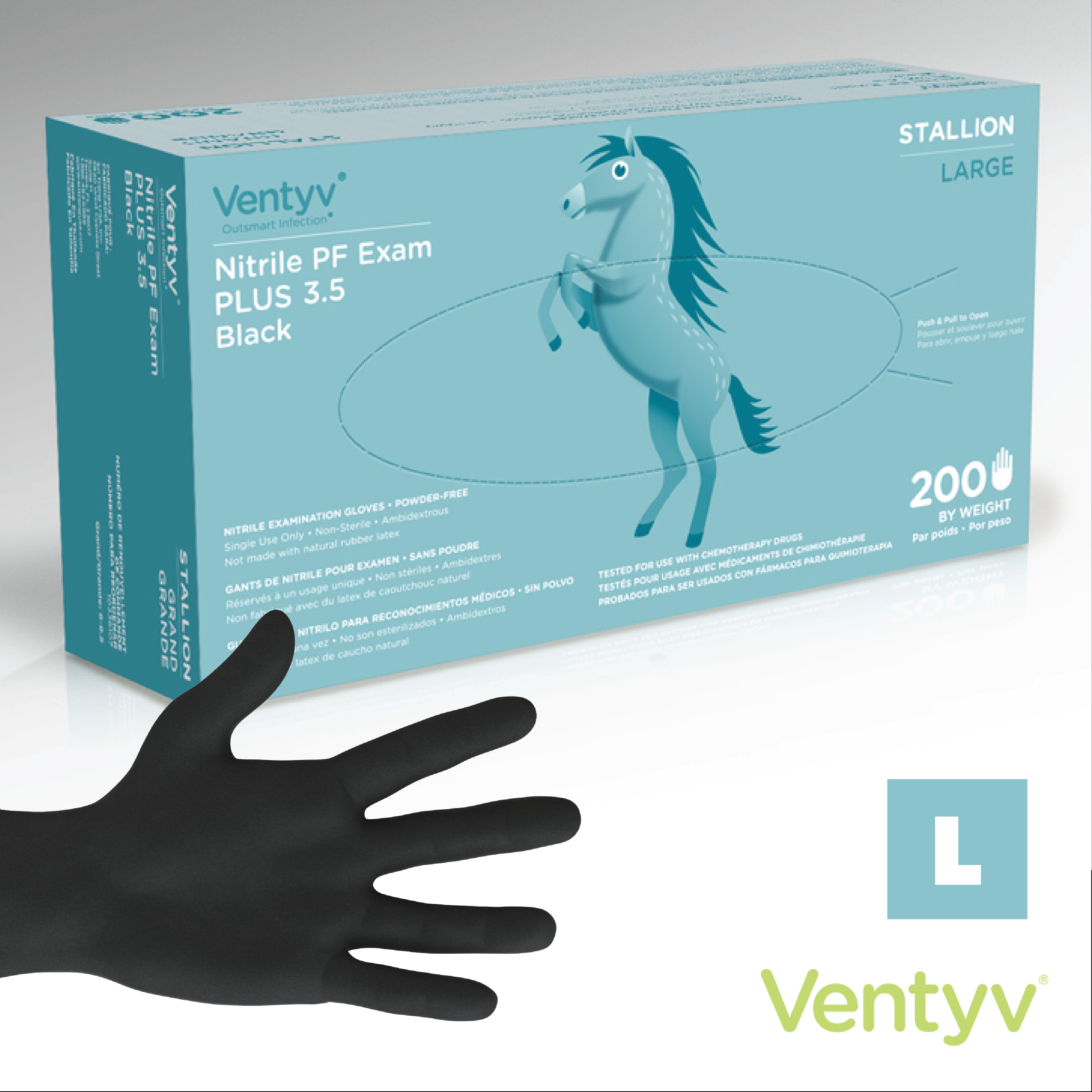 Box of Ventyv® Stallion nitrile medical exam gloves, large size, powder-free, with a teal stallion graphic on the packaging.