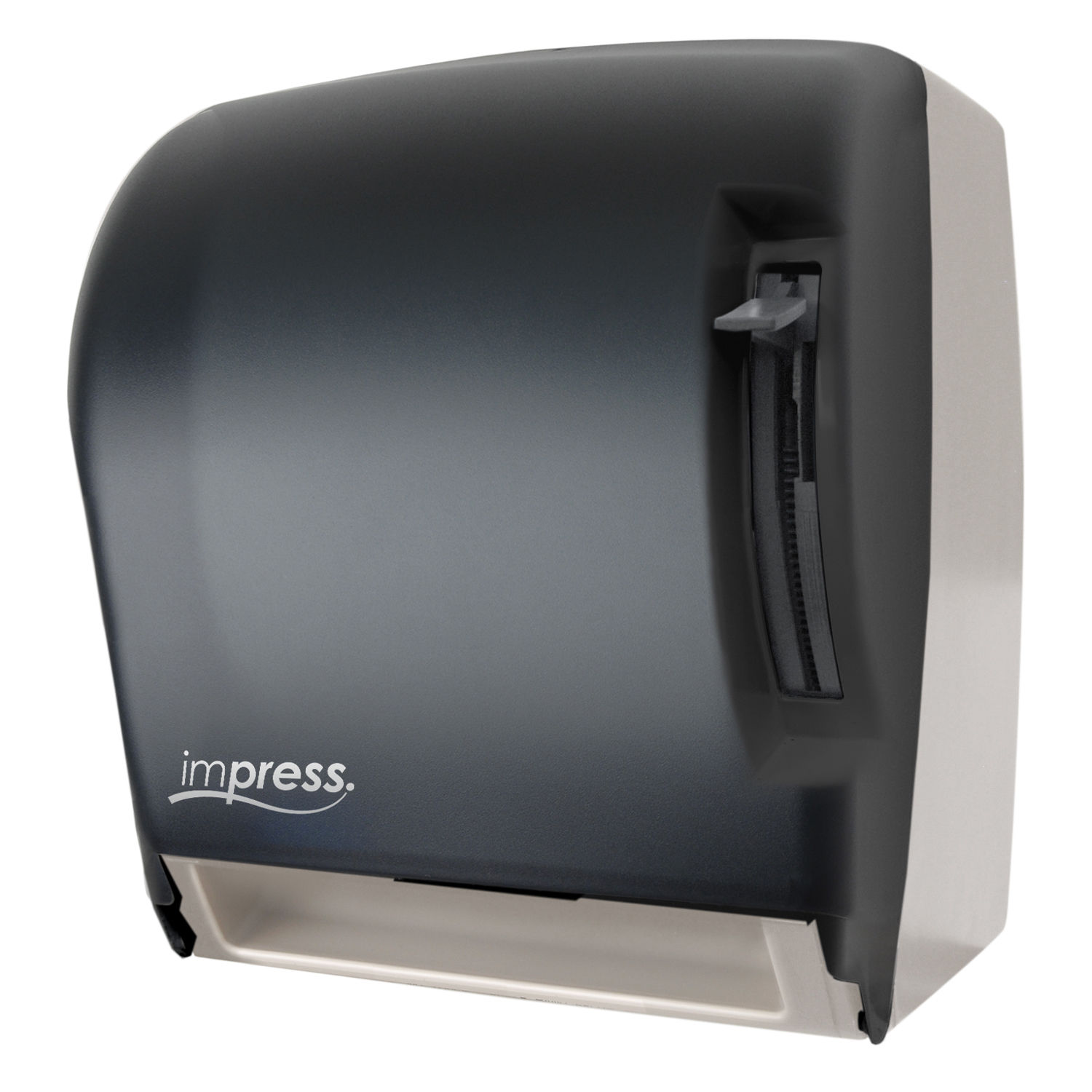 Black Impress lever roll towel dispenser with a sleek, curved design for efficient manual dispensing.