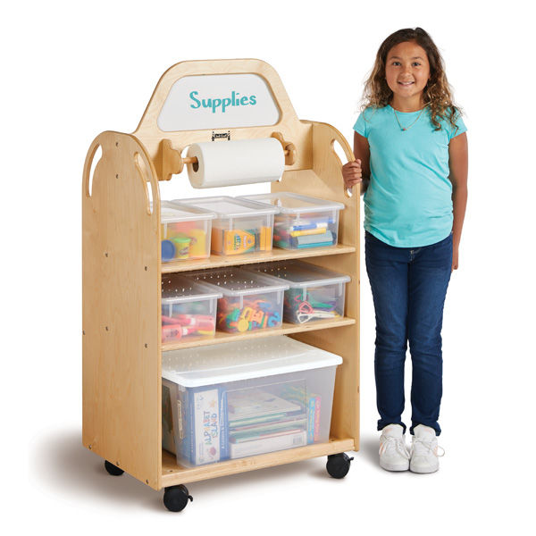 Thumbnail: Multimedia Cart with a child engaged in a learning activity, featuring multiple storage compartments and a large work surface