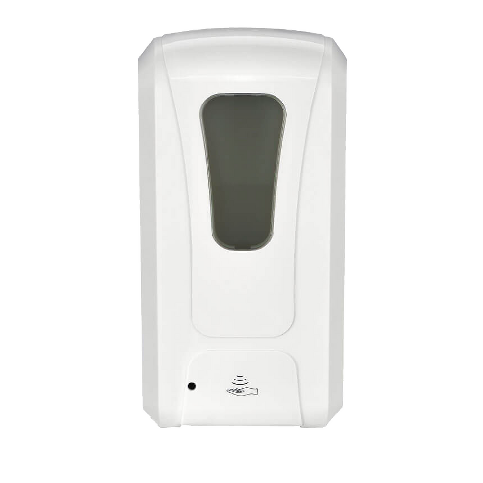 Wall-mounted white hand sanitizer dispenser, sleek design for public spaces.