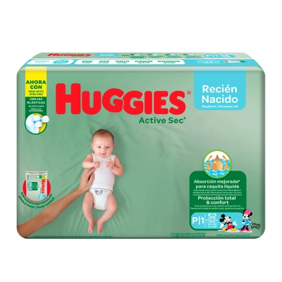 Huggies Active Sec diapers for newborns, size 1. Highlights extra absorption and softness for newborn skin.