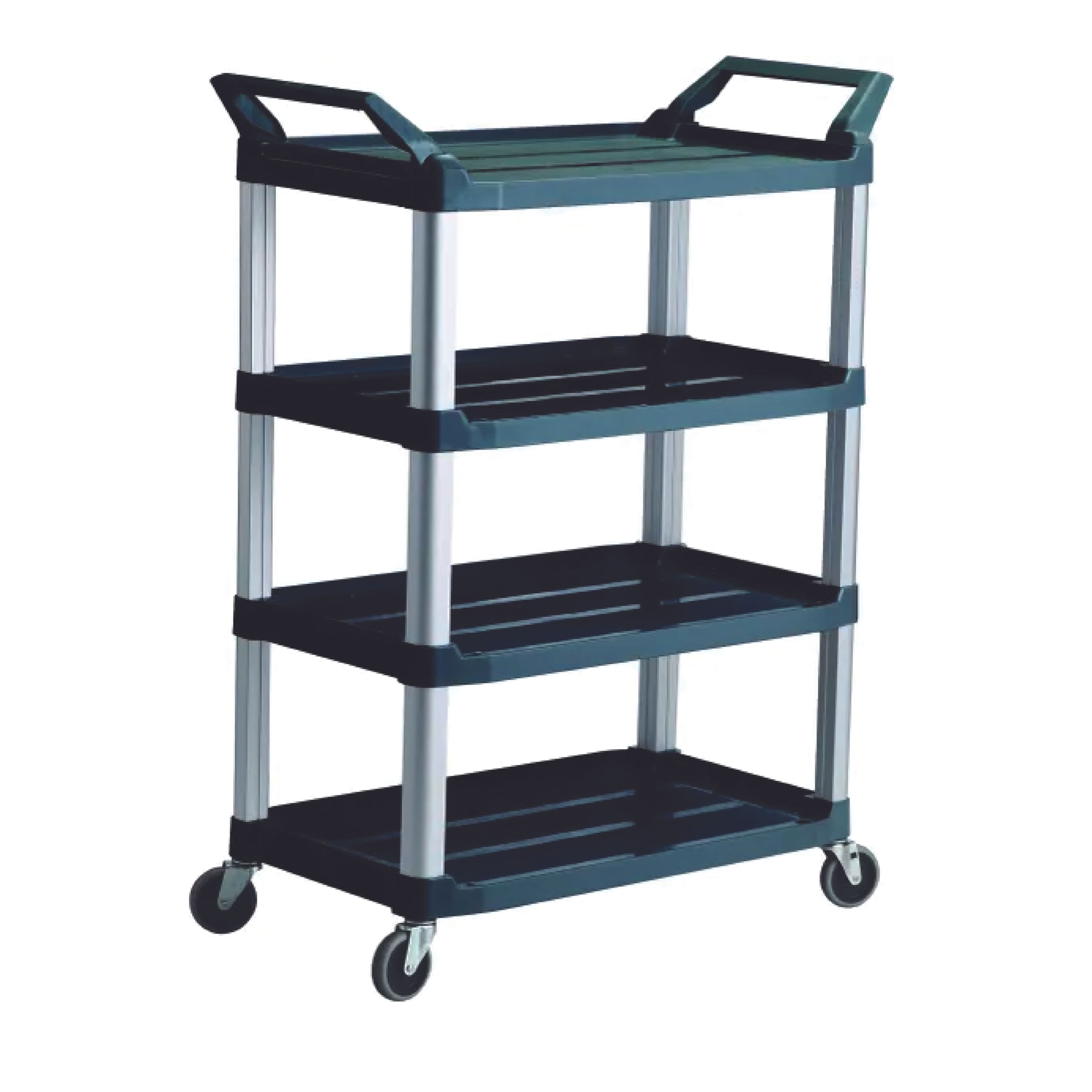 Rubbermaid heavy-duty utility cart featuring four durable black plastic shelves, supported by a sturdy black frame.