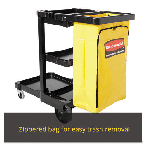 Yellow and black multi-shelf janitorial cart, featuring a spacious design with multiple shelves and a waste bin for cleaning.