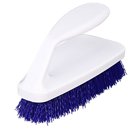 White scrub brush with a curved handle and blue bristles, designed for heavy-duty cleaning tasks.