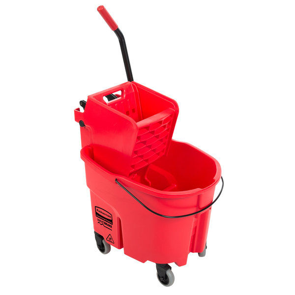 Red mop bucket with a built-in wringer and wheels, designed for efficient and heavy-duty cleaning.