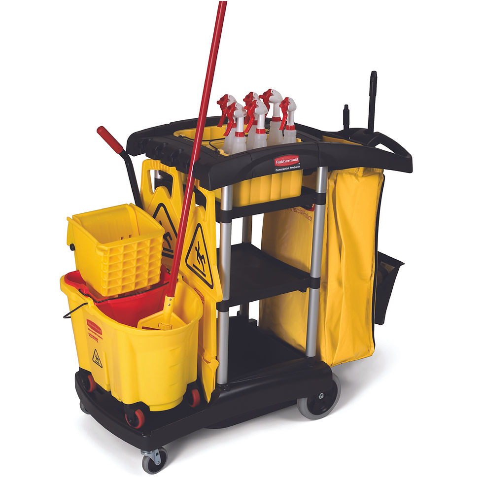 Janitorial cart with yellow and red compartments, featuring a mop bucket, ideal for comprehensive cleaning tasks.