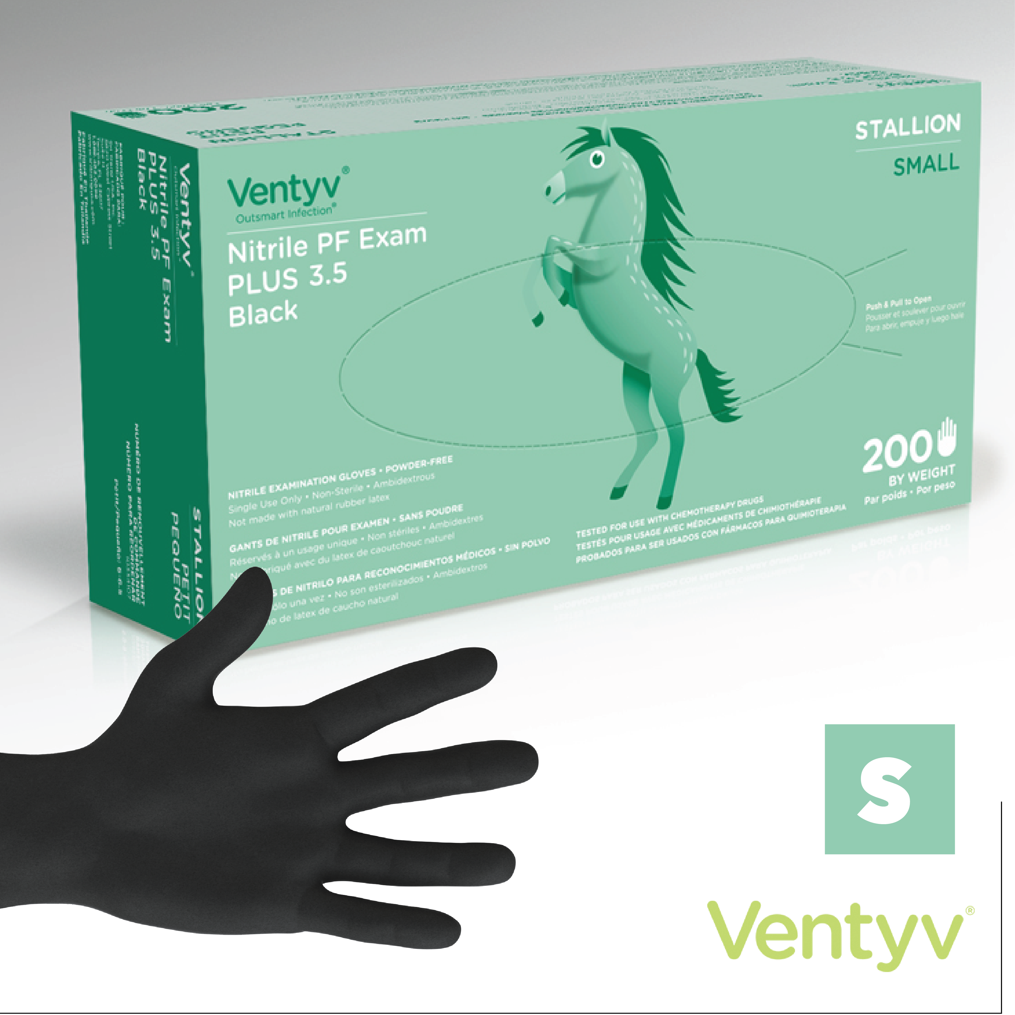 Box of Ventyv® Stallion nitrile medical exam gloves, small size, powder-free, featuring a green stallion graphic on the packa