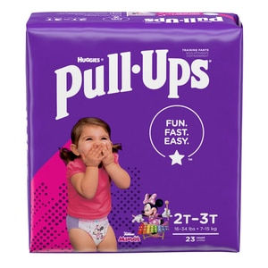 Huggies Pull-Ups for toddlers, size 2T-3T, 37 count, featuring a child and Disney characters on a purple package