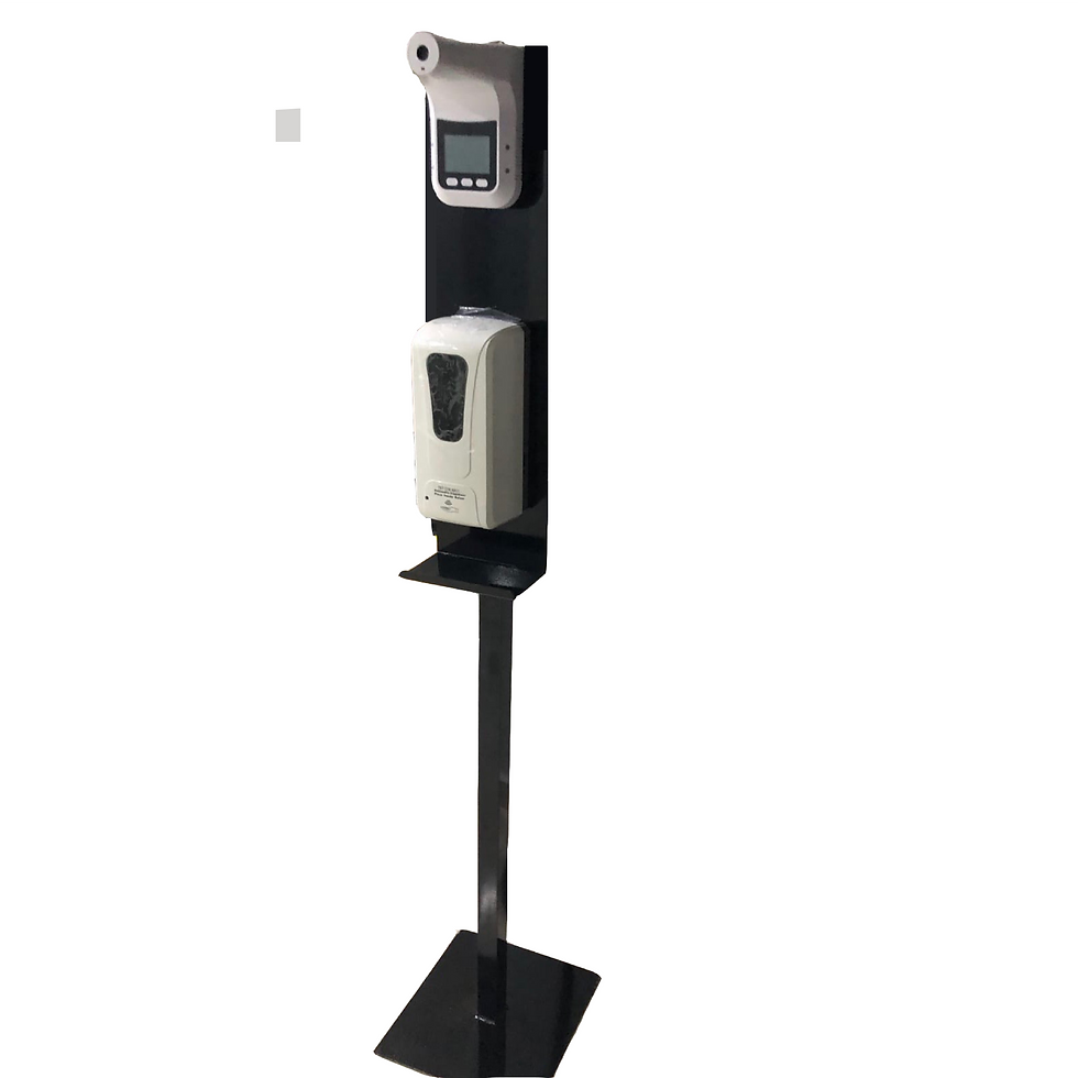 Close-up of temperature monitoring and hand sanitizer dispenser unit, designed for hygiene and safety in public areas.