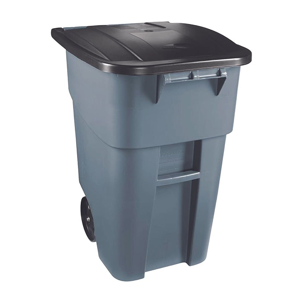 Rubbermaid Brute 50-gallon gray trash bin with wheels, durable for heavy-duty use.