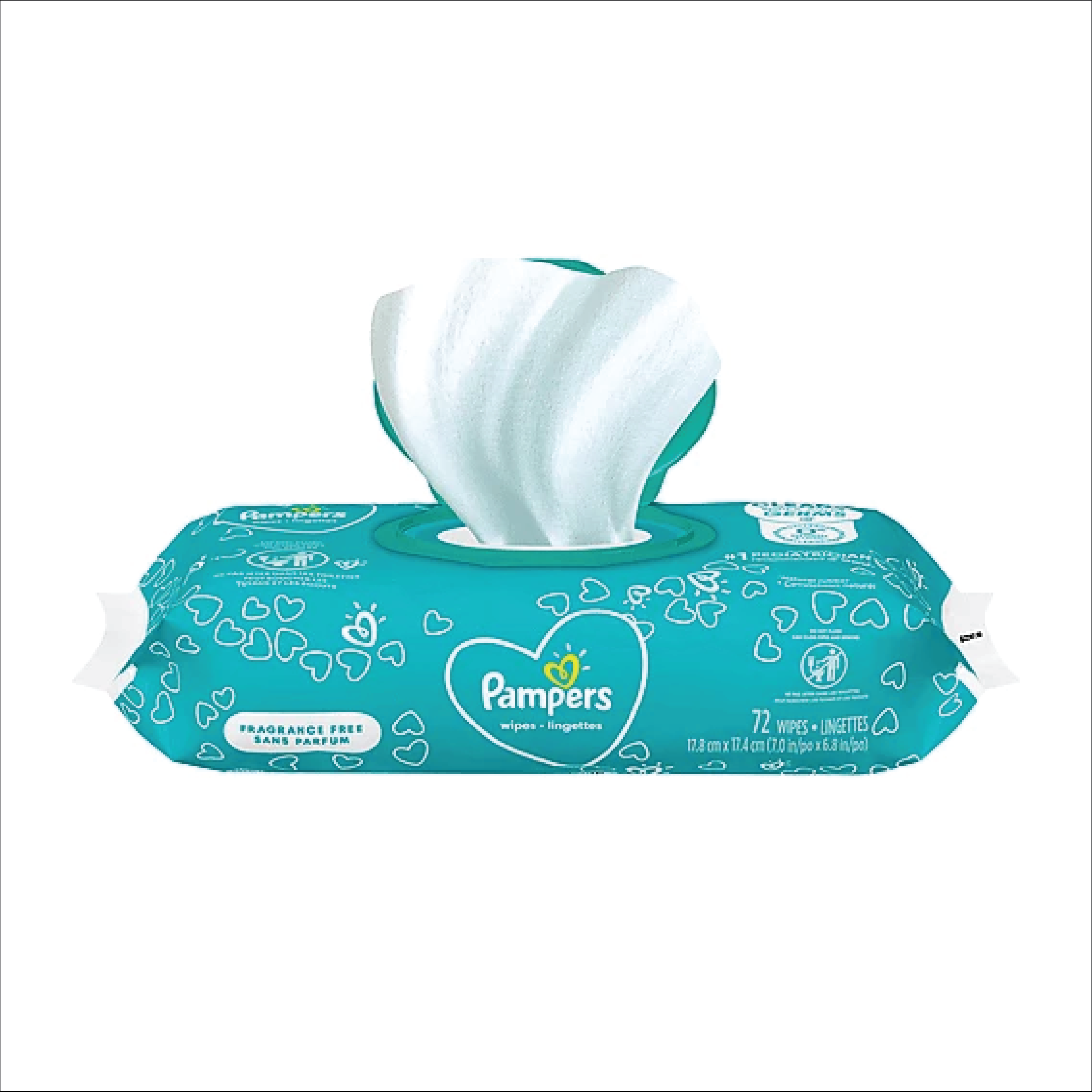 Package of Pampers baby wipes, fragrance-free, containing 72 wipes.