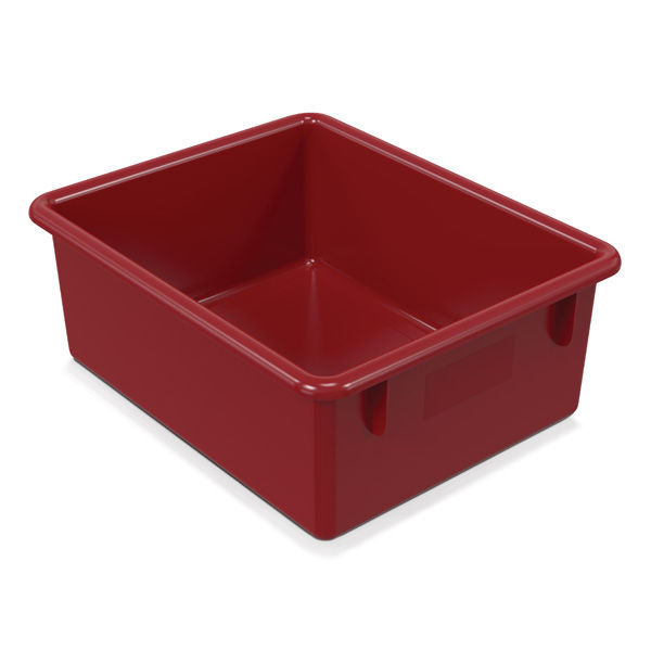 Red plastic storage tub with a sturdy design, ideal for organizing small items.
