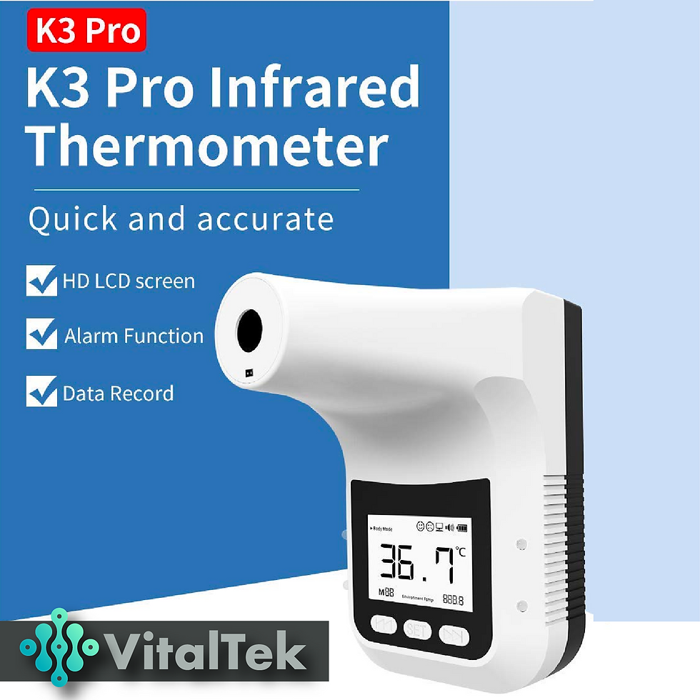 Blue packaging for a contactless hand sanitizer dispenser with a temperature check feature.