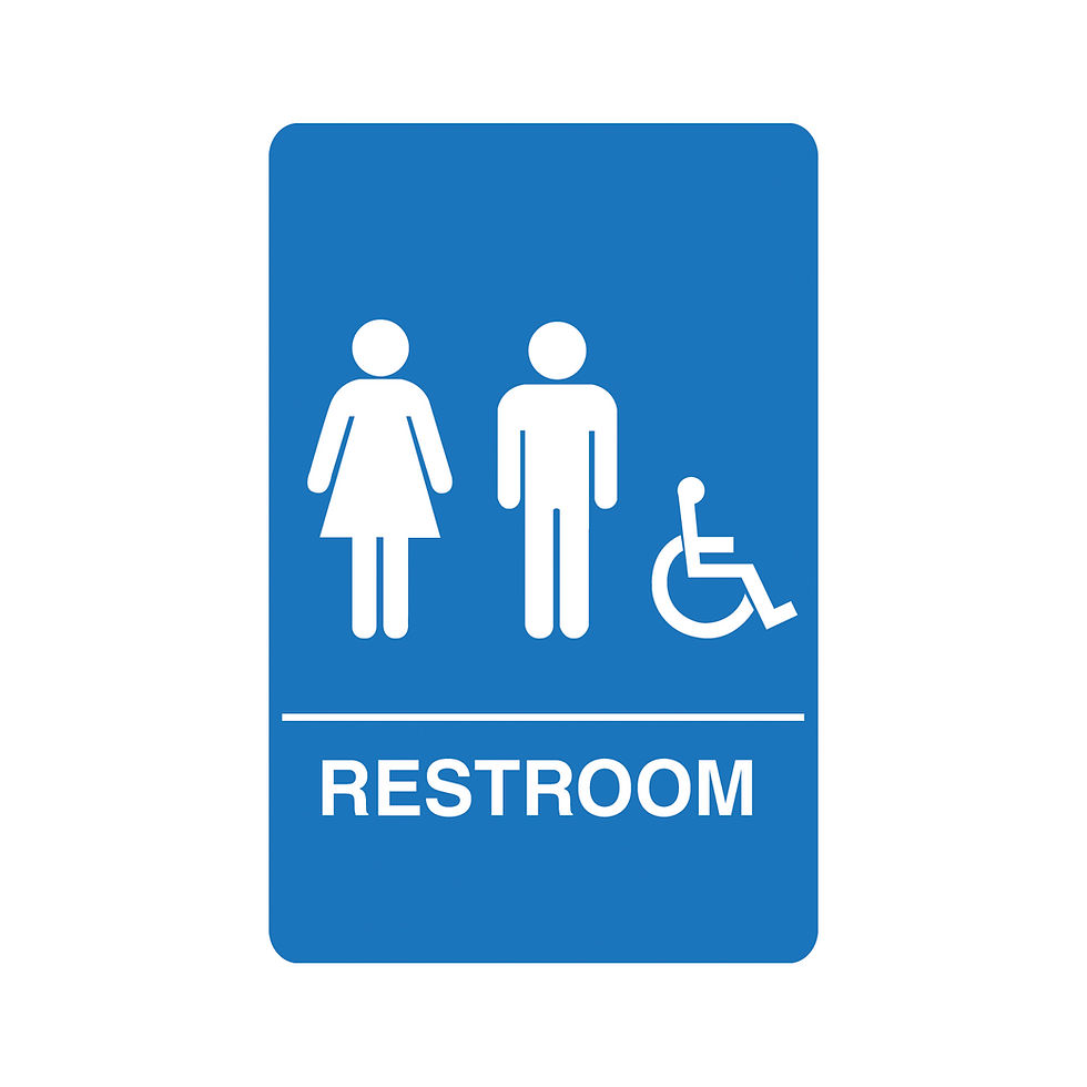 Blue and white unisex accessible ADA restroom sign with male, female, and wheelchair symbols for restroom designation.