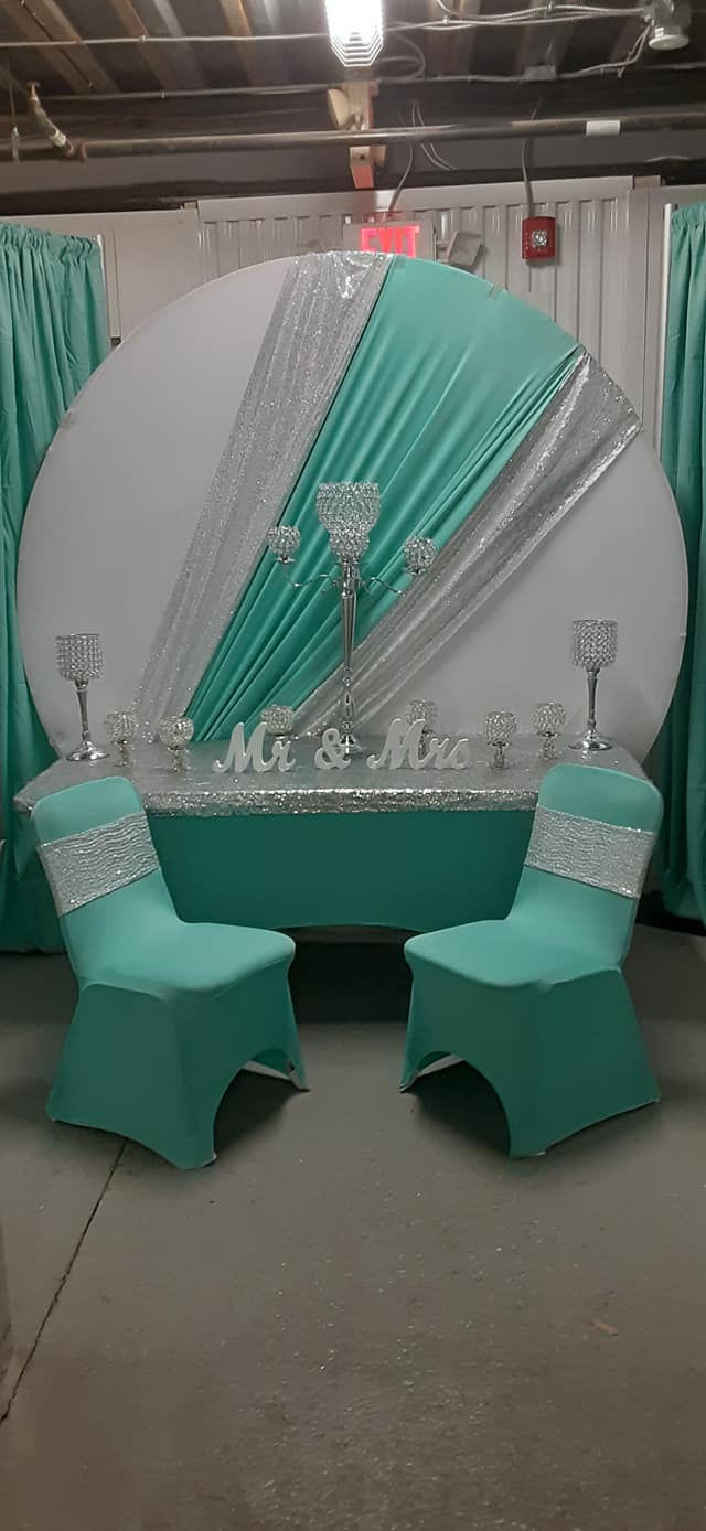 tiffany blue white and silver draping