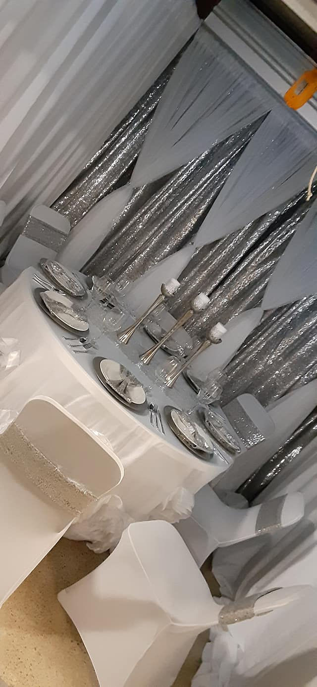 silver and white draping