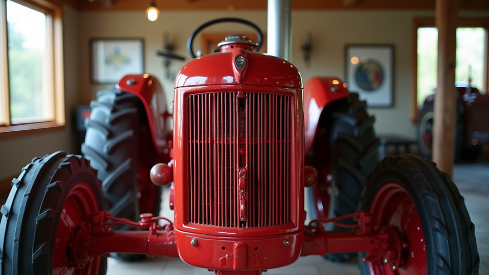 Close-up view of a restored early 20th-century tractor displayed indoors