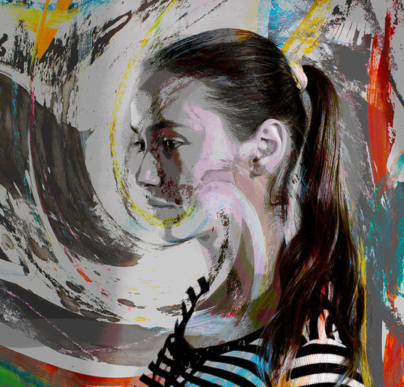 contrastrijk portet van 13-jarig meisje verweven in kunstwerk