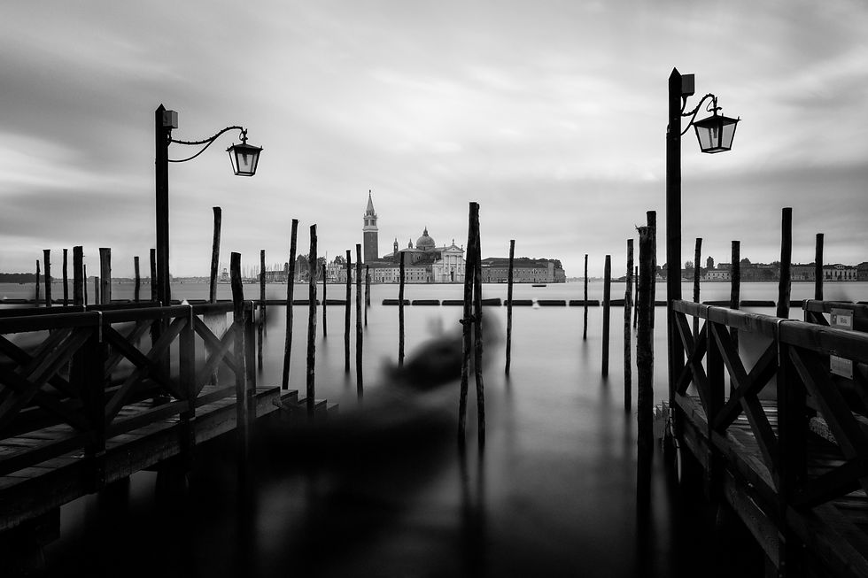 Thumbnail: Beautiful black & white artwork featuring the San Maggiore through Venice gondolas.  Elevate your kitchen backsplash decor.