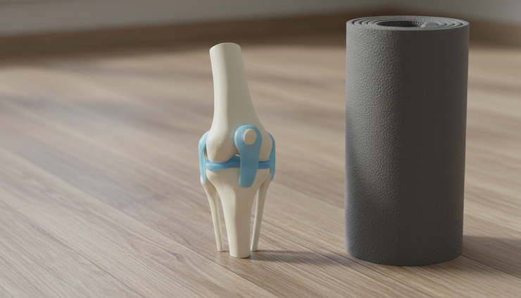 Close-up view of a knee joint model beside a rolled exercise mat.