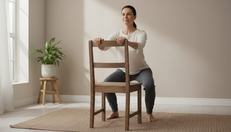Eye-level view of a person doing a supported mini squat while holding a chair.