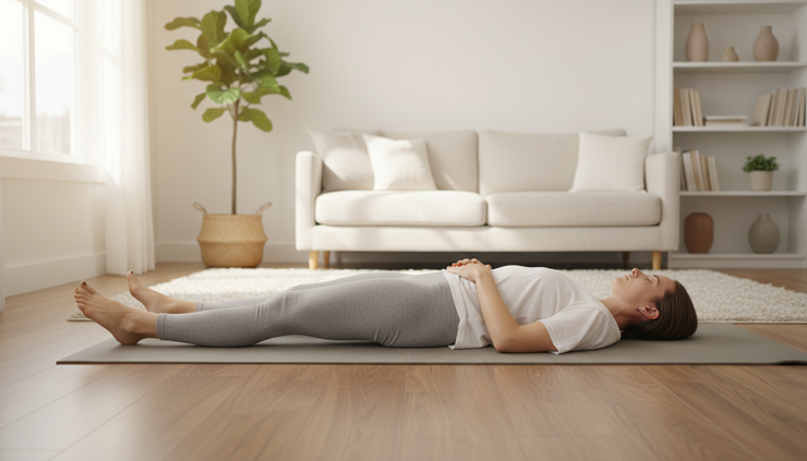 Wide-angle view of a person lying on a mat preparing for gentle Pilates leg movements.