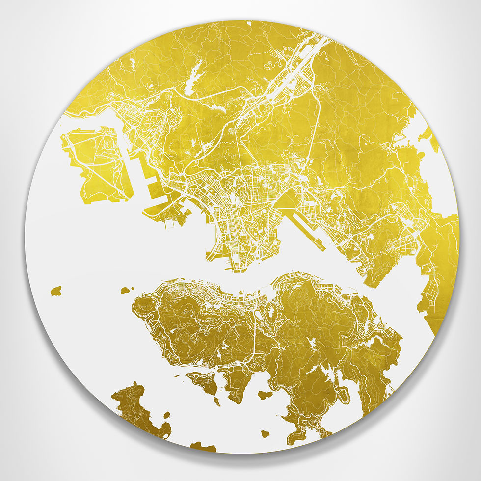 Mappa Mundi Hong Kong, White UV treated ink on 24 Carat Gold leaf, 69 x 69 cm