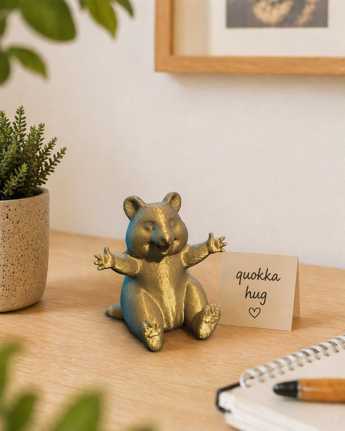 Cute 3D printed quokka figurine with open arms on wooden desk