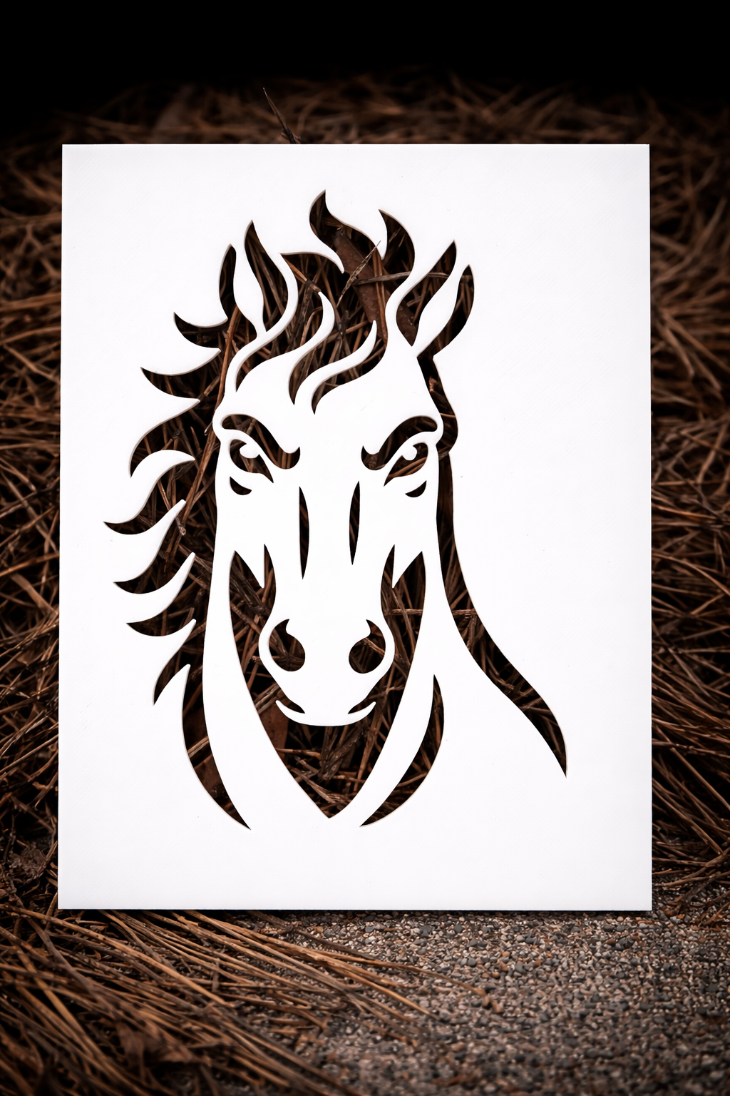 3D printed stencil with stylized horse head and flame design for painting and craft projects.
