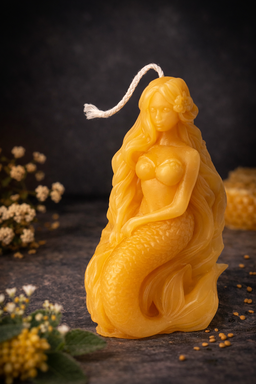 Yellow beeswax mermaid candle with detailed tail and flowing hair on a dark elegant background, styled for product display.