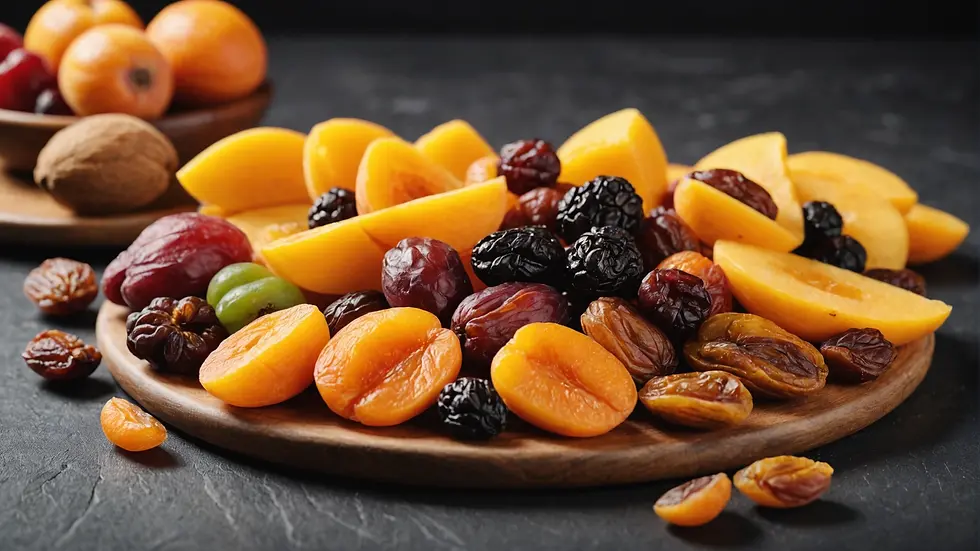 A vibrant assortment of dried fruits including apricots, raisins, and mangoes.