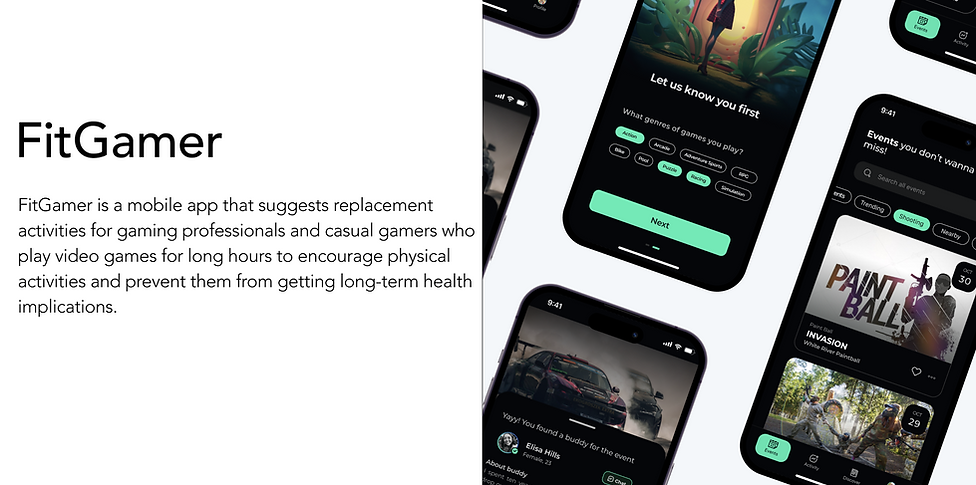 A mockup of the FitGame app interface. The mockup features various screens, all designed with a modern and user-friendly interface.