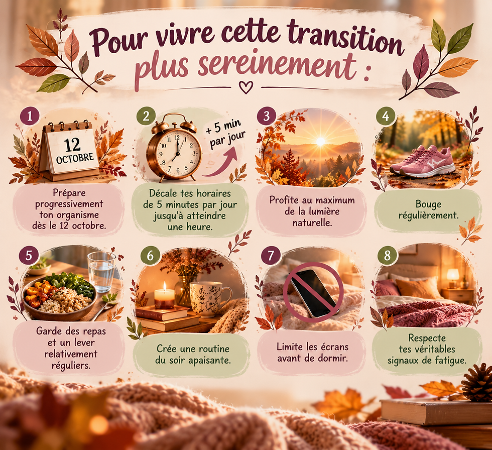 Infographie automnale sur le changement d’heure : 8 conseils avec montre, chaussures roses, repas, lit et texte explicatif.