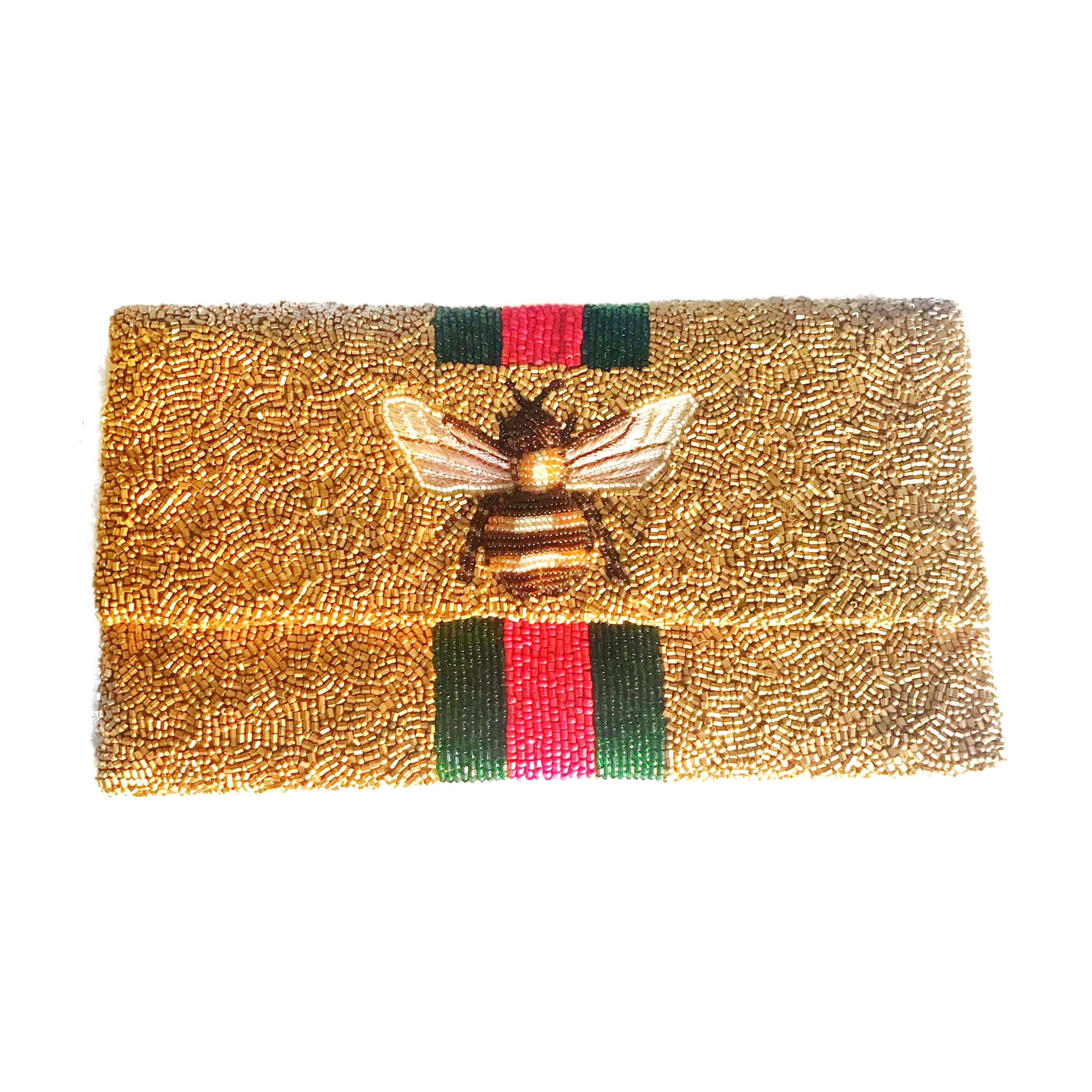 Gold Beaded Designer Inspired Bee Clutch