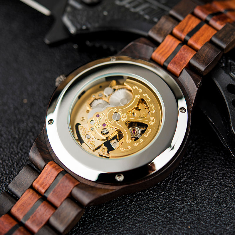 Thumbnail: Luxury Lover's Wooden Stainless Steel Custom Logo Automatic Watch Couples Visibl