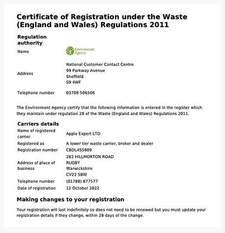 certificate from Environment Agency